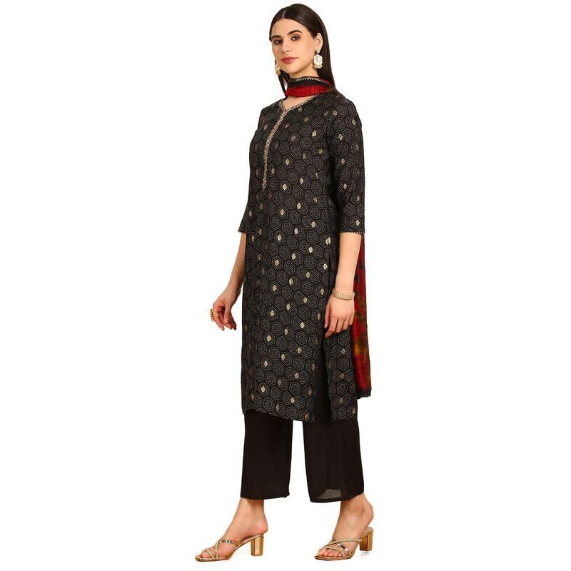 Soch Womens Black Abstract Print Mandarin Collar Muslin Blend Suit Set
