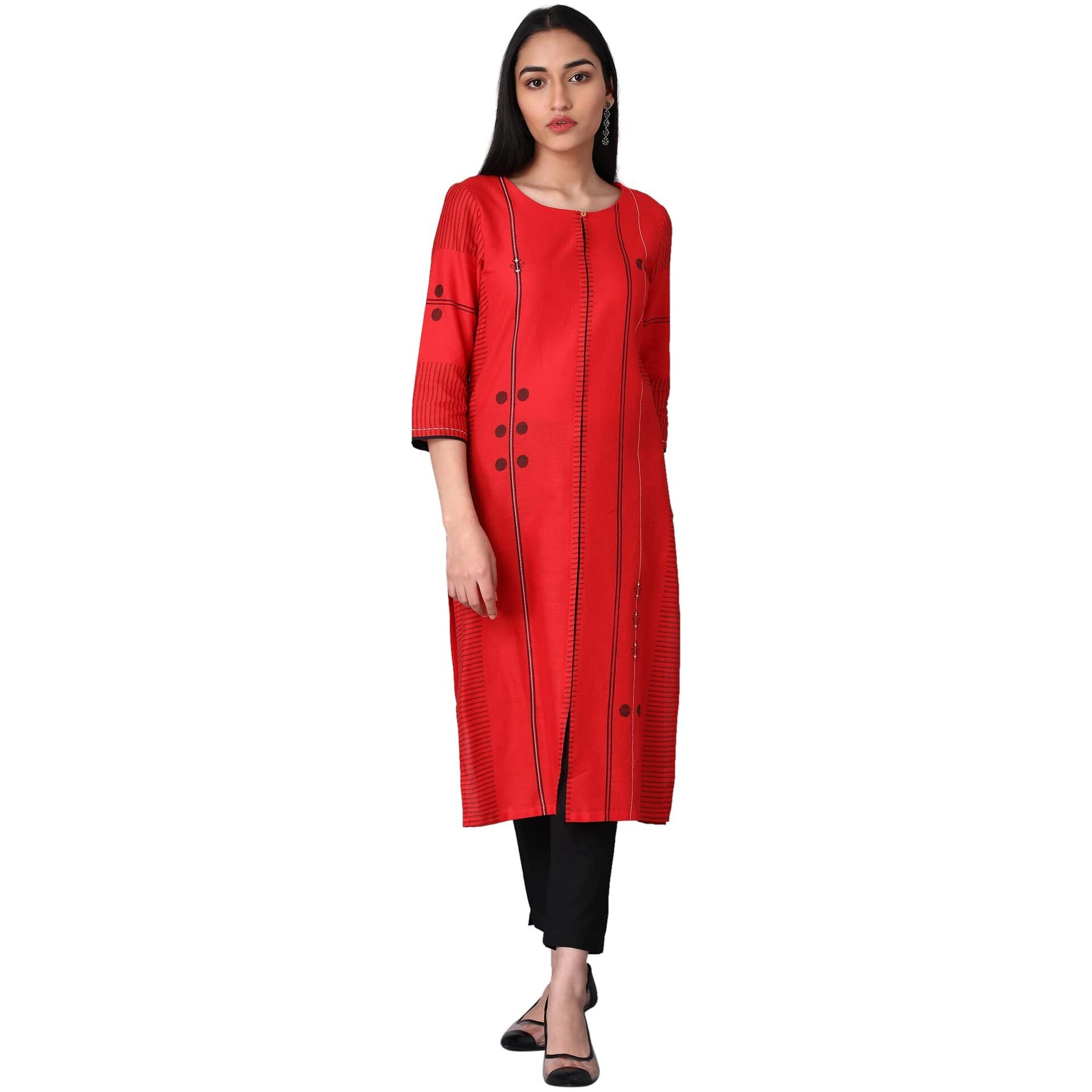 W Red Geometric Printed Cotton Blend Regular Kurta For Women