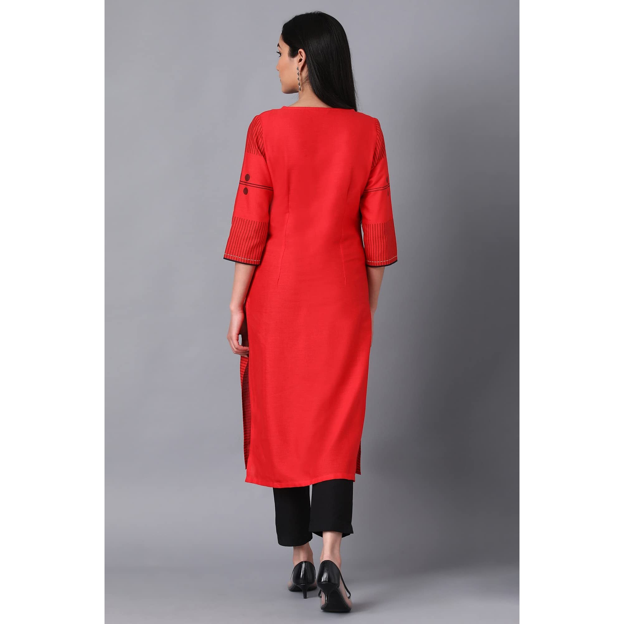 W Red Geometric Printed Cotton Blend Regular Kurta For Women