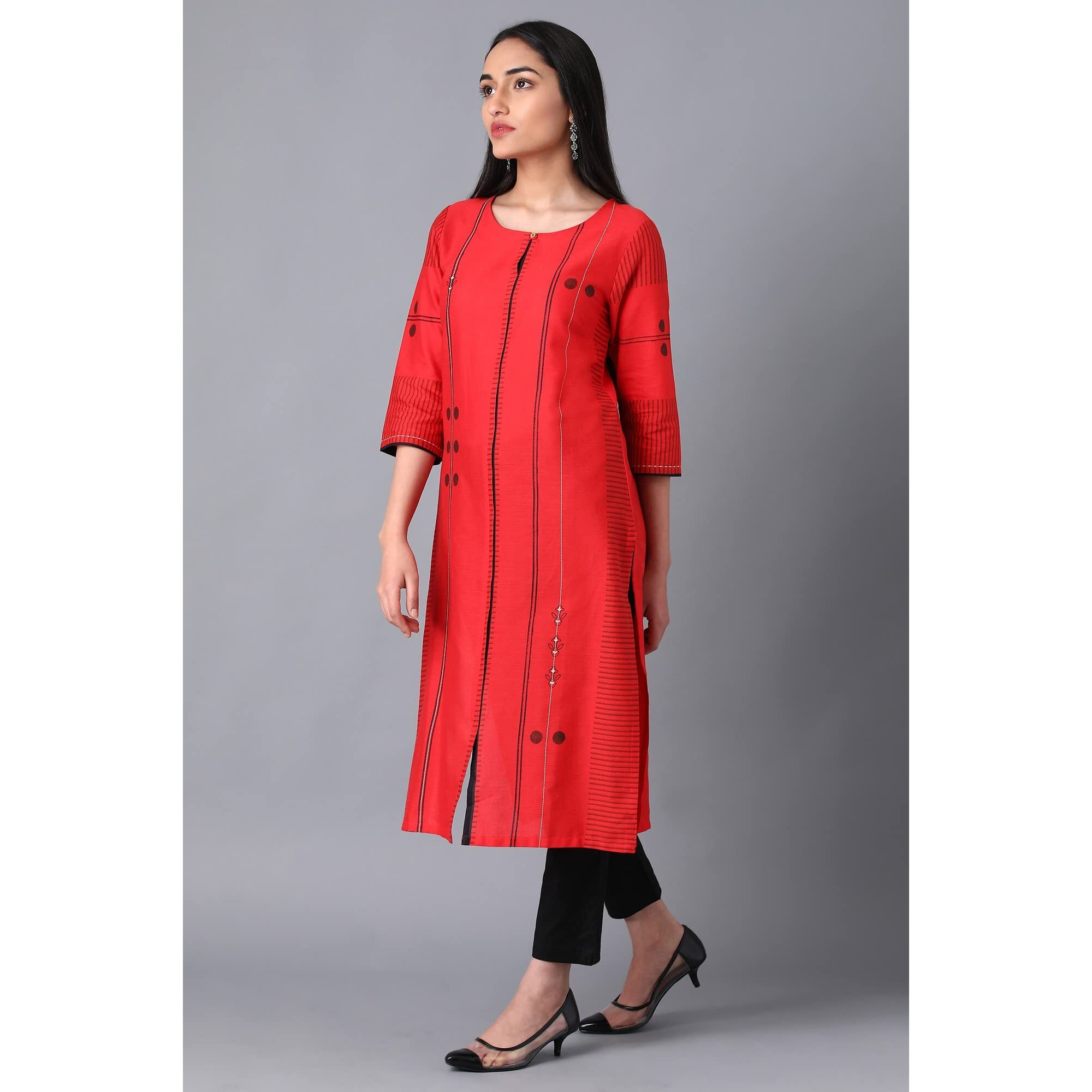 W Red Geometric Printed Cotton Blend Regular Kurta For Women
