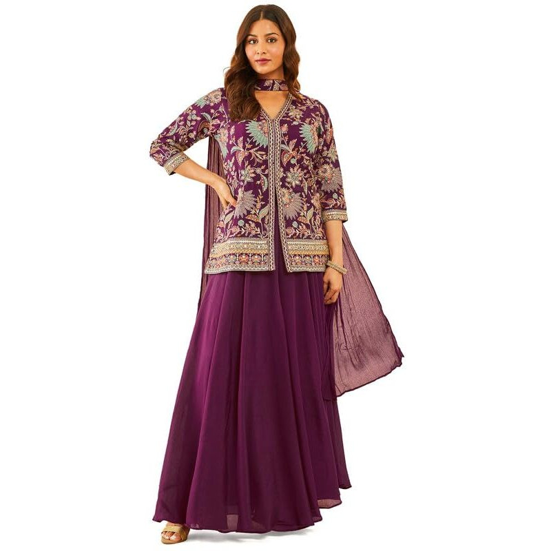 Soch Womens Wine Embroidered Chinon Sharara Suit With Dupatta