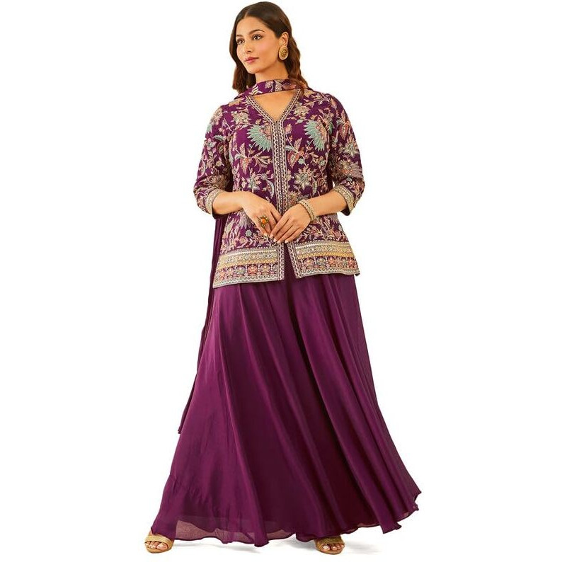 Soch Womens Wine Embroidered Chinon Sharara Suit With Dupatta