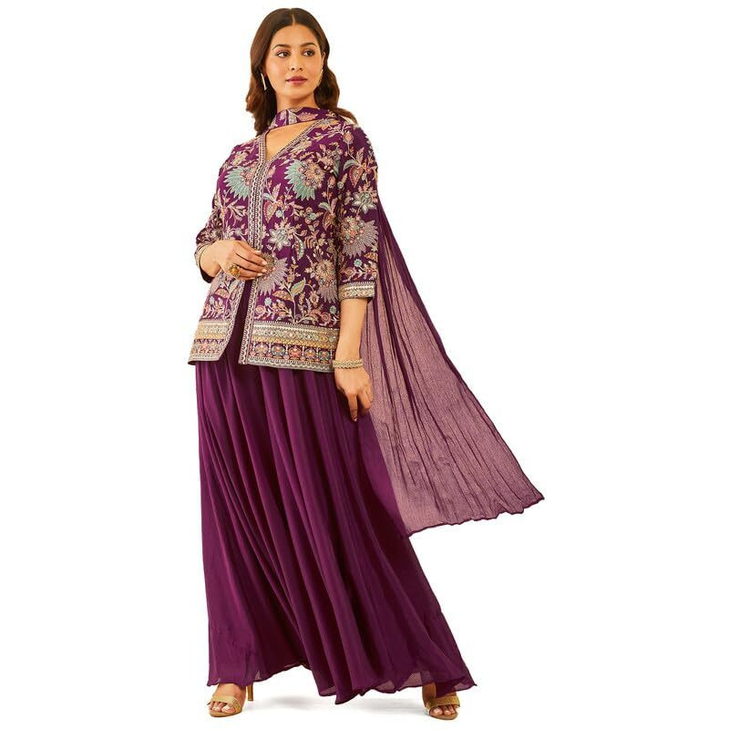 Soch Womens Wine Embroidered Chinon Sharara Suit With Dupatta