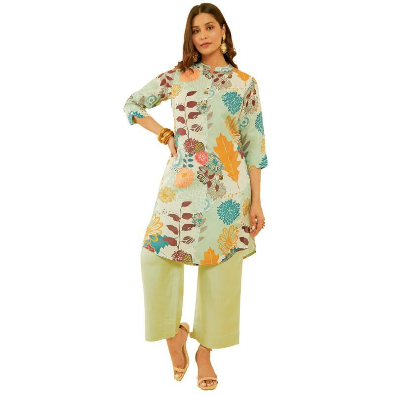 Soch Womens Cream & Green Botanical Print Linen Blend Kurta
