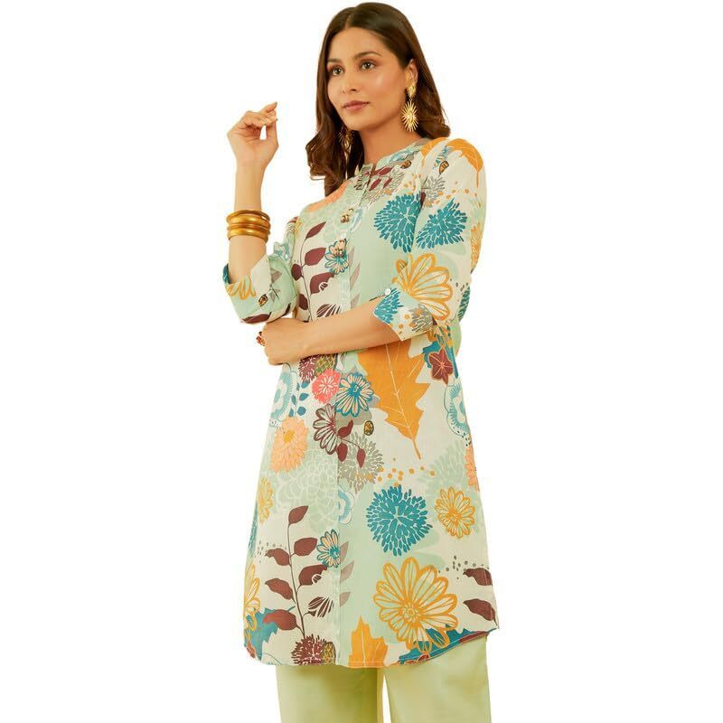 Soch Womens Cream & Green Botanical Print Linen Blend Kurta