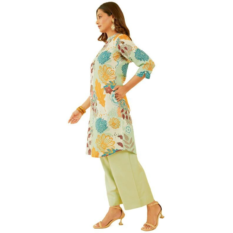 Soch Womens Cream & Green Botanical Print Linen Blend Kurta
