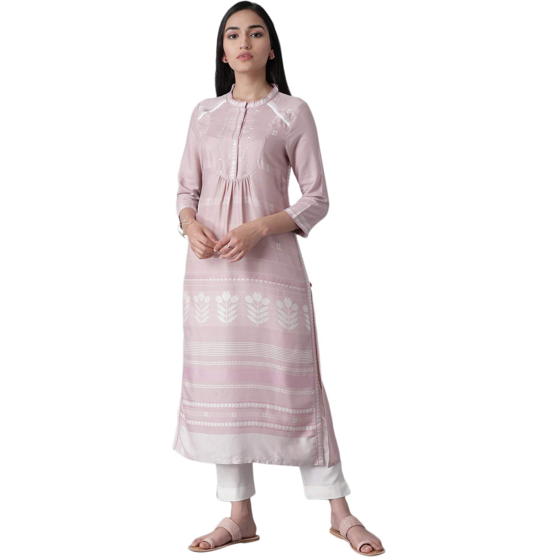 W For Woman Light Pink Floral Printed Regular Kurta With Beads