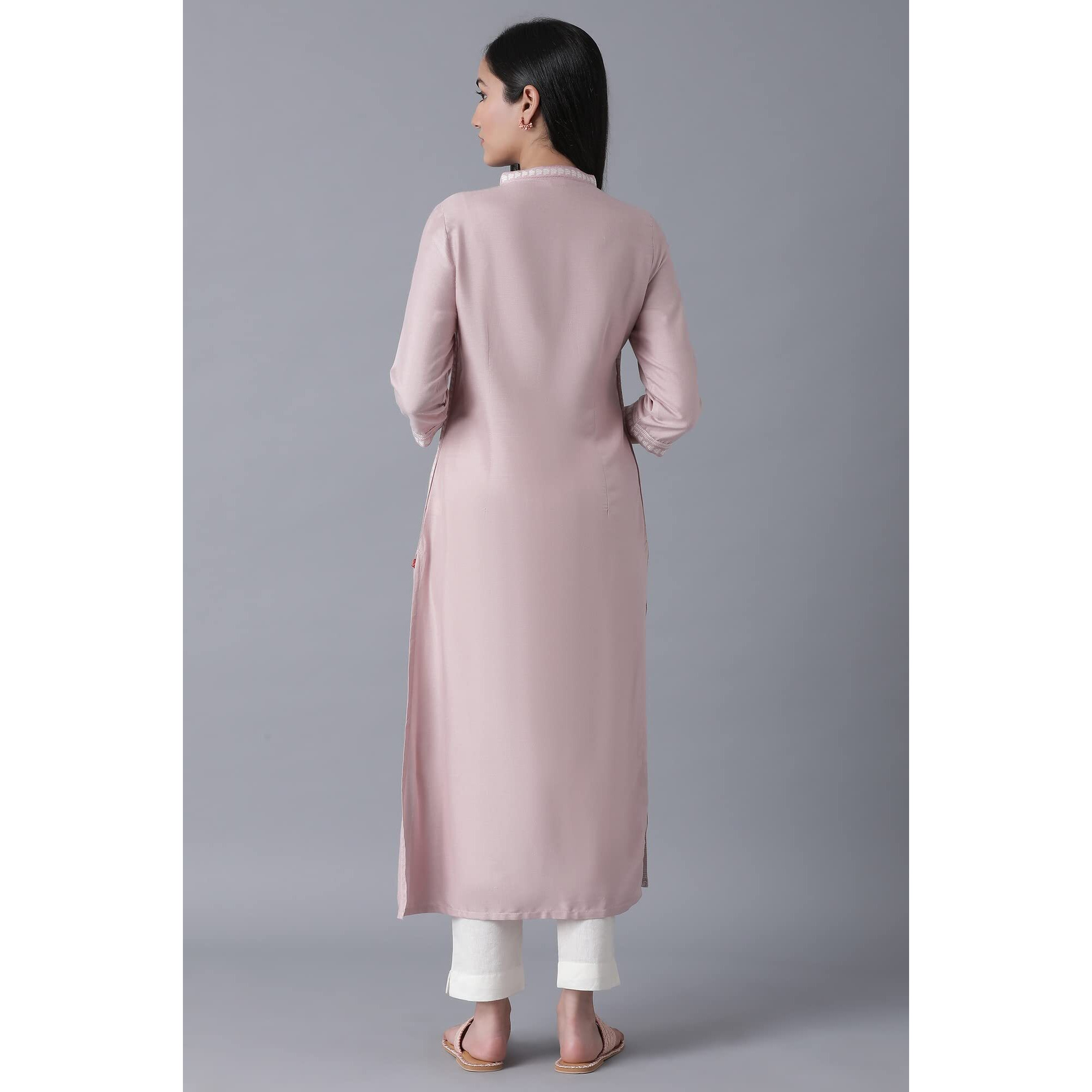 W For Woman Light Pink Floral Printed Regular Kurta With Beads