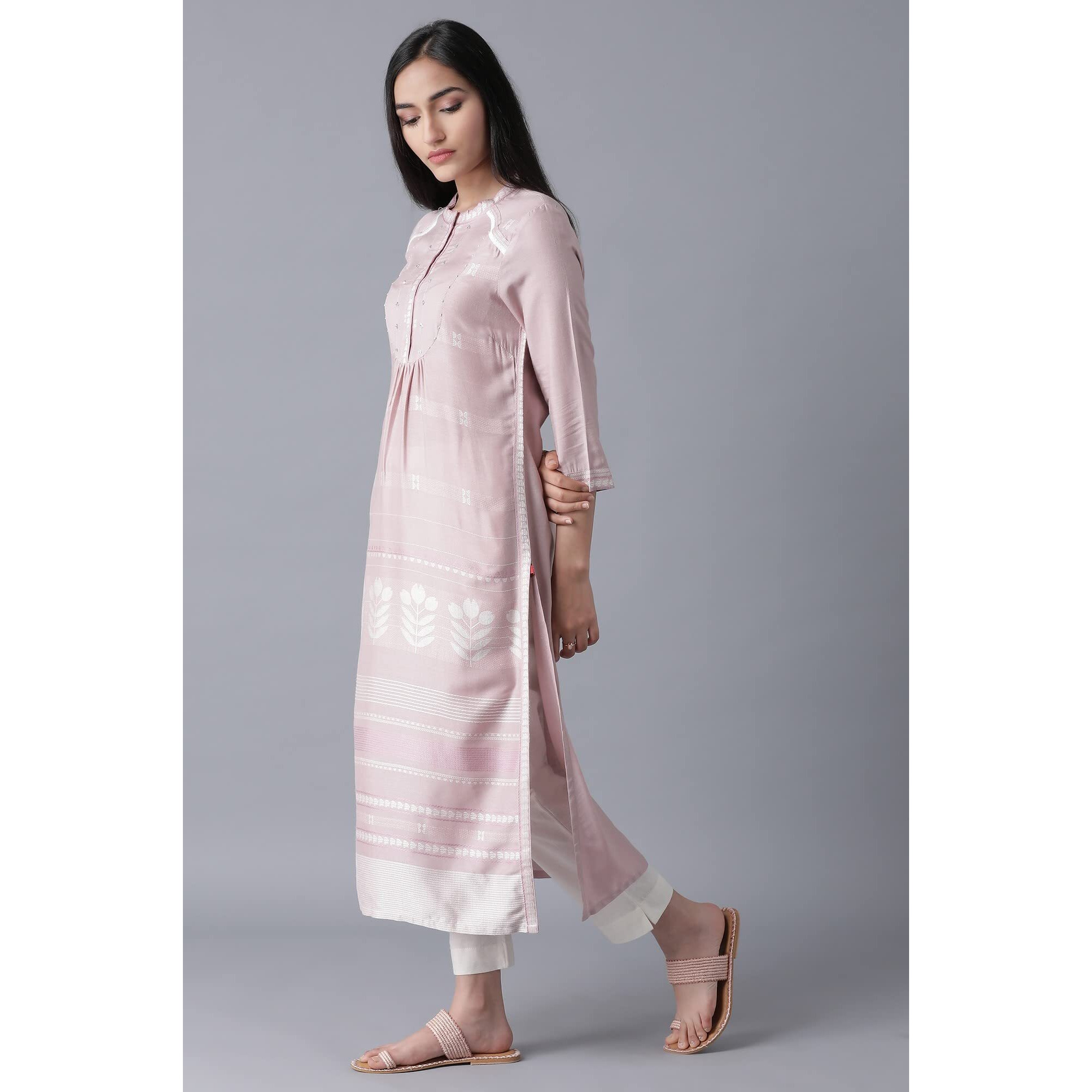 W For Woman Light Pink Floral Printed Regular Kurta With Beads