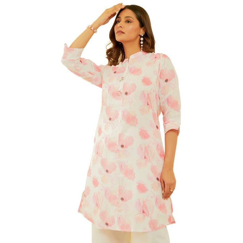 Soch Womens Off White & Pink Floral Print Linen Blend Kurta