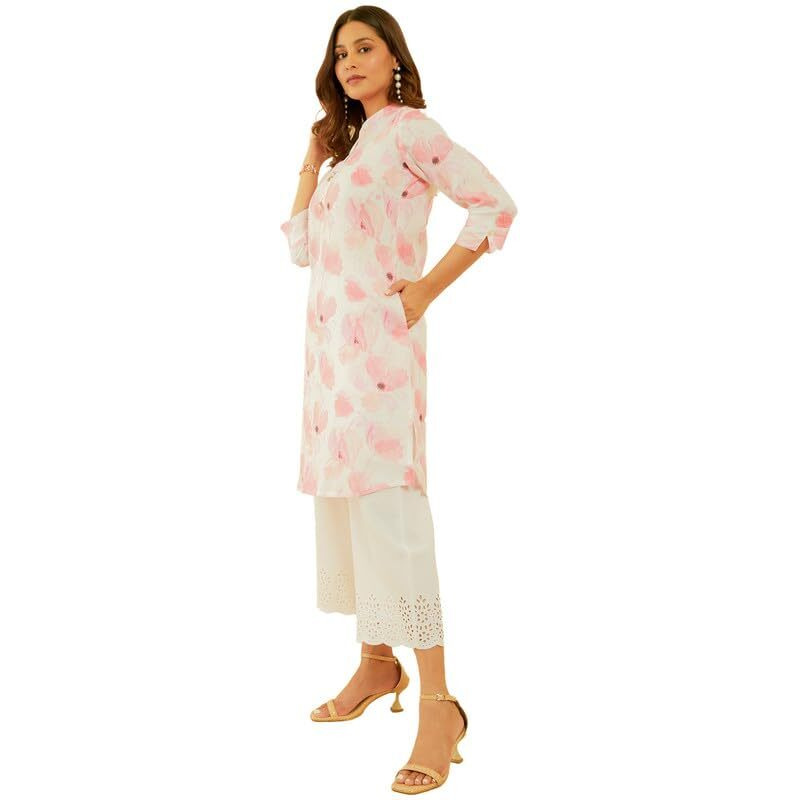 Soch Womens Off White & Pink Floral Print Linen Blend Kurta