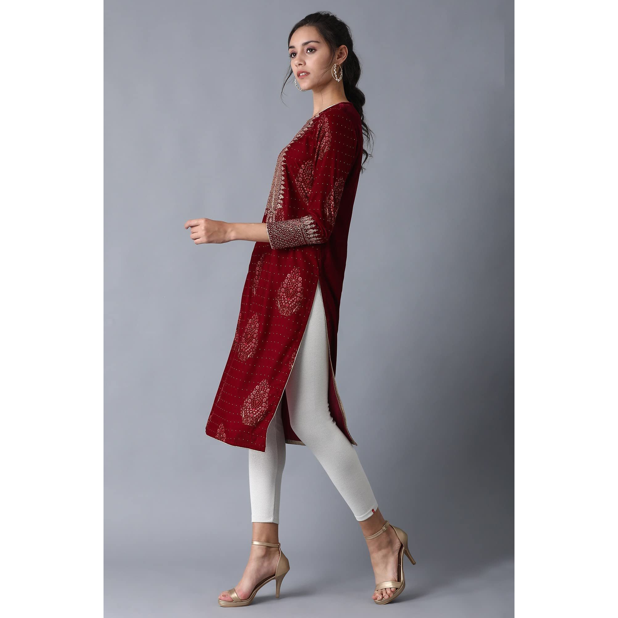 W For Woman Cotton Maroon Stripe Print Straight Kurta With Embroidery