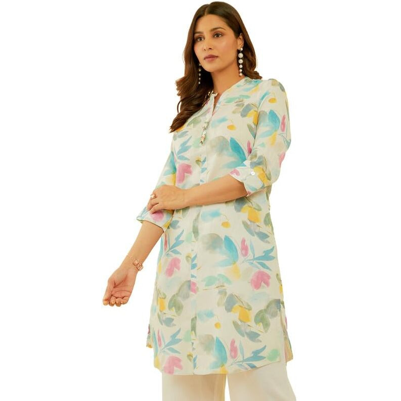 Soch Womens Off White & Blue Linen Blend Abstract Print Kurta