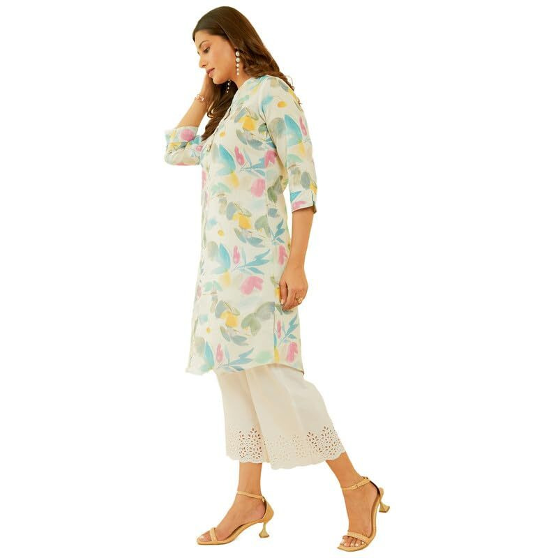 Soch Womens Off White & Blue Linen Blend Abstract Print Kurta
