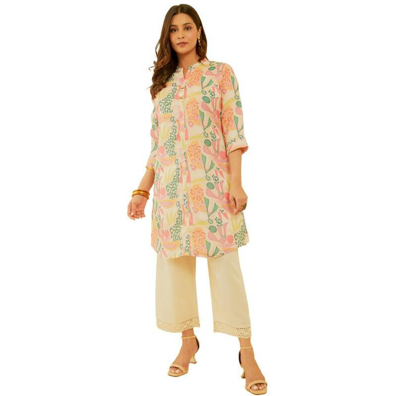 Soch Womens Beige & Red Abstract Print Linen Blend Kurta