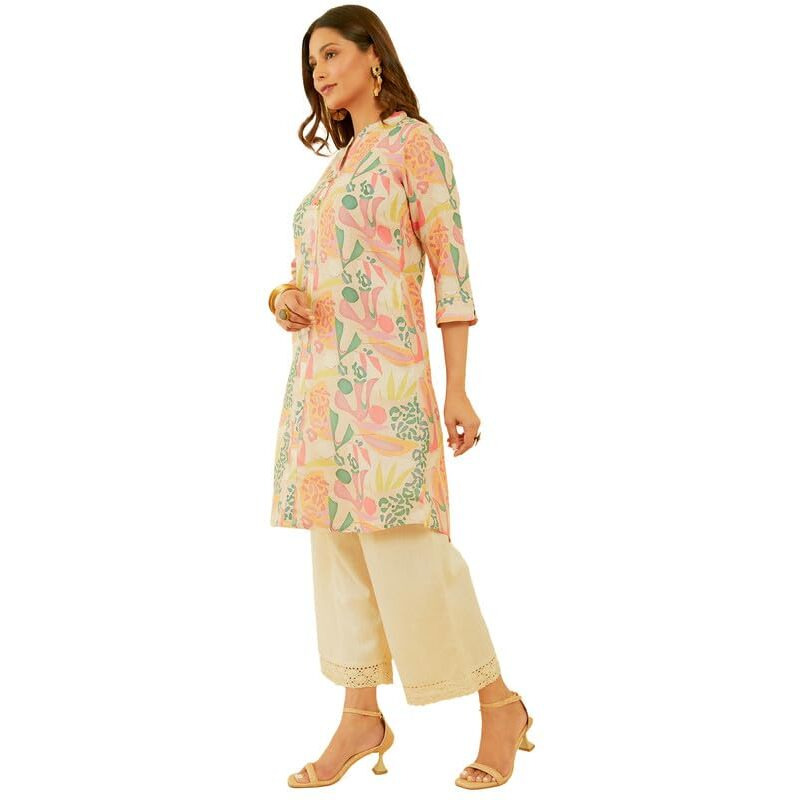 Soch Womens Beige & Red Abstract Print Linen Blend Kurta