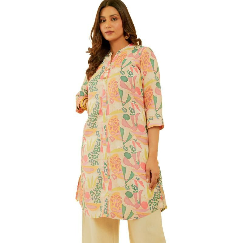 Soch Womens Beige & Red Abstract Print Linen Blend Kurta