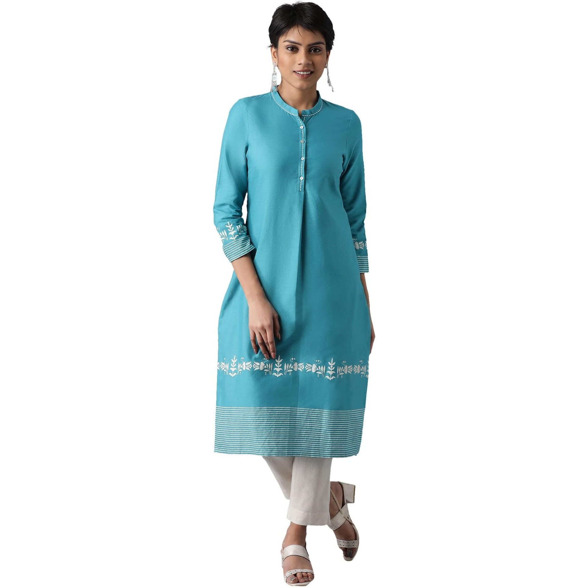 W Teal Floral Printed Cotton Blend Regular Kurta For Women