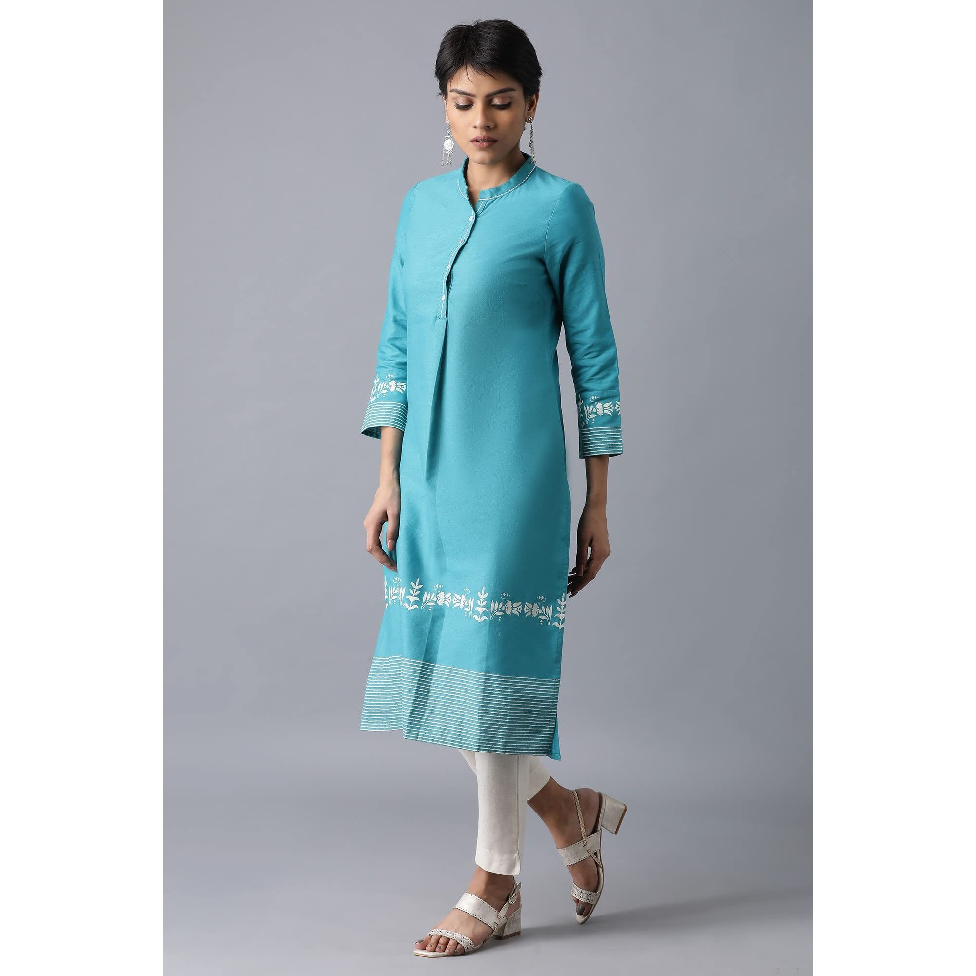 W Teal Floral Printed Cotton Blend Regular Kurta For Women