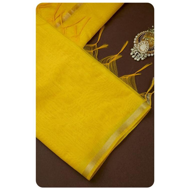 Soch Womens Yellow Zari Woven Border Solid Dupatta With Tassels