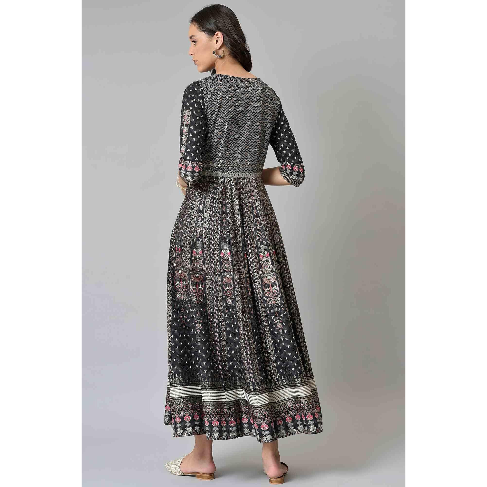 W For Woman Black Floral Printed Kalidar Dress_22Few17668-118850_S