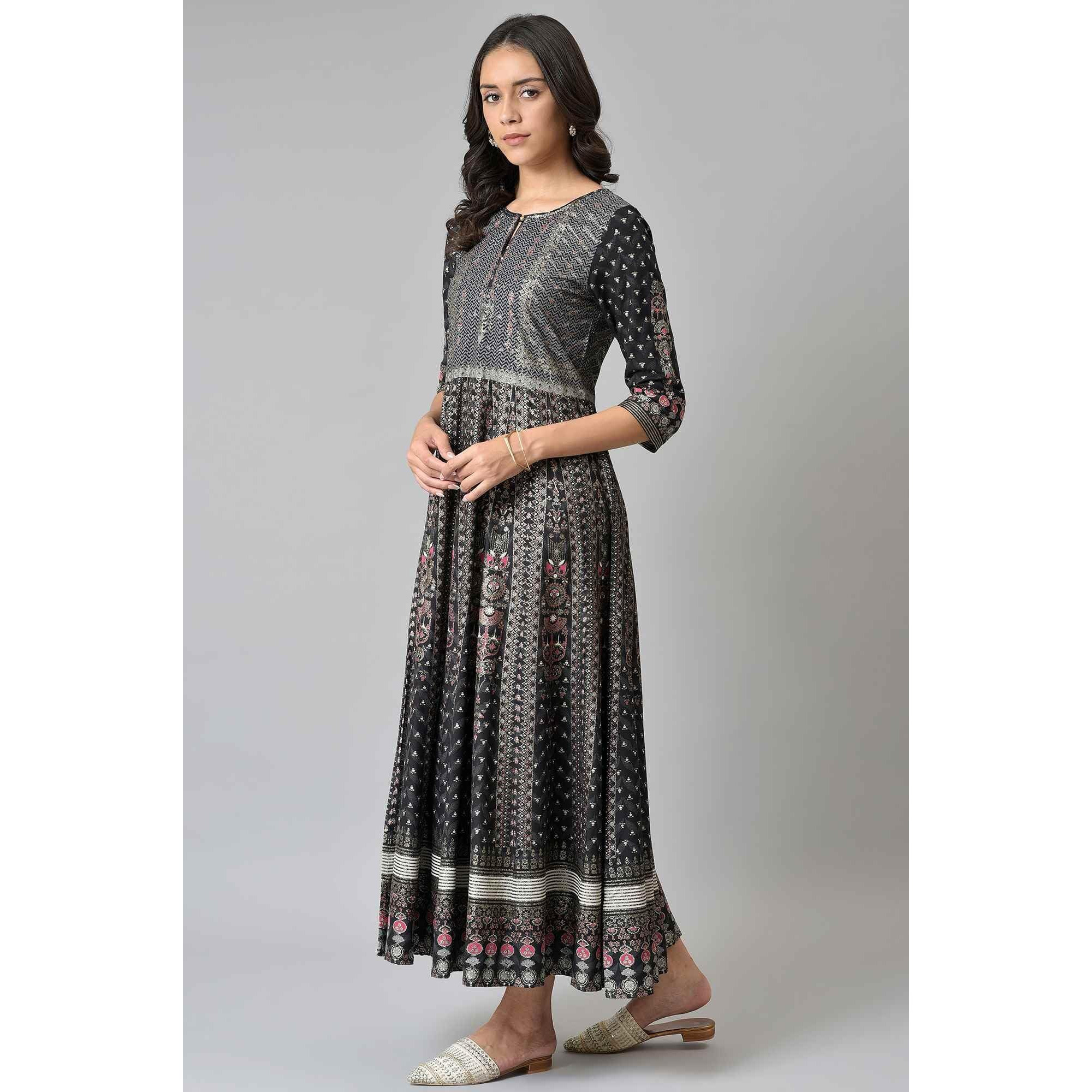 W For Woman Black Floral Printed Kalidar Dress_22Few17668-118850_S