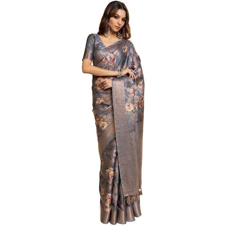 Soch Womens Grey Tussar Floral Print Saree With Tassels