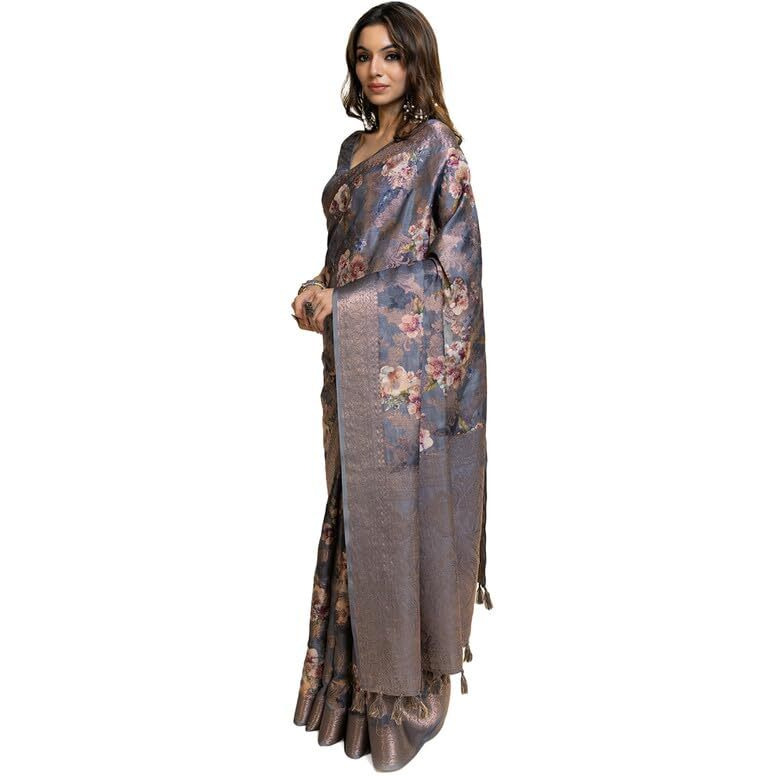 Soch Womens Grey Tussar Floral Print Saree With Tassels