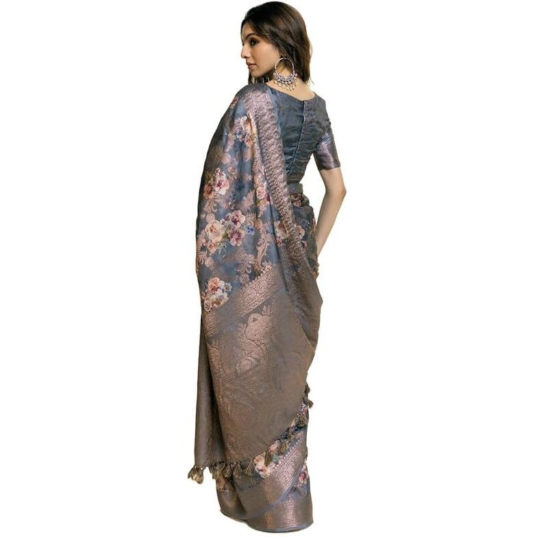 Soch Womens Grey Tussar Floral Print Saree With Tassels