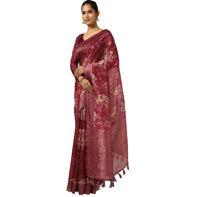 Soch Womens Wine Chanderi Woven Design Saree With Tassels