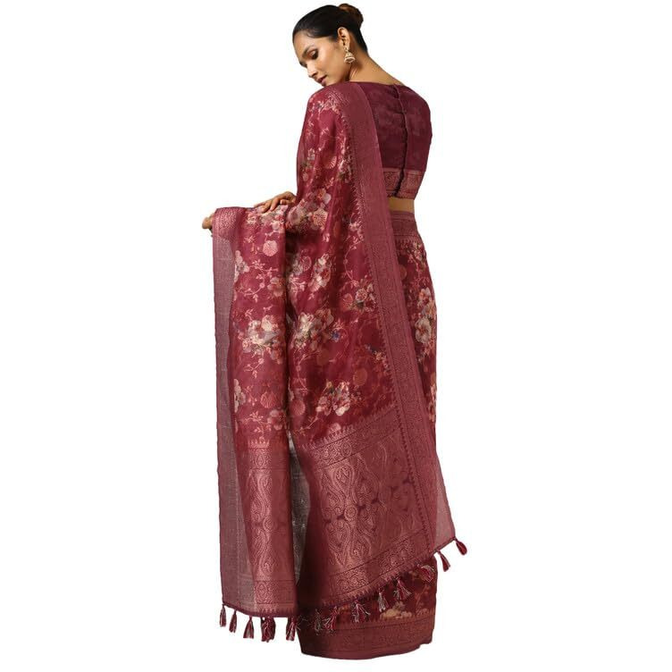 Soch Womens Wine Chanderi Woven Design Saree With Tassels