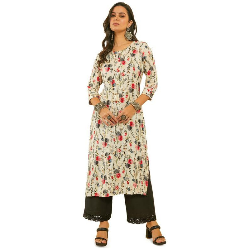 Soch Womens Grey Floral Print Rayon Straight Kurta With Kantha Weave