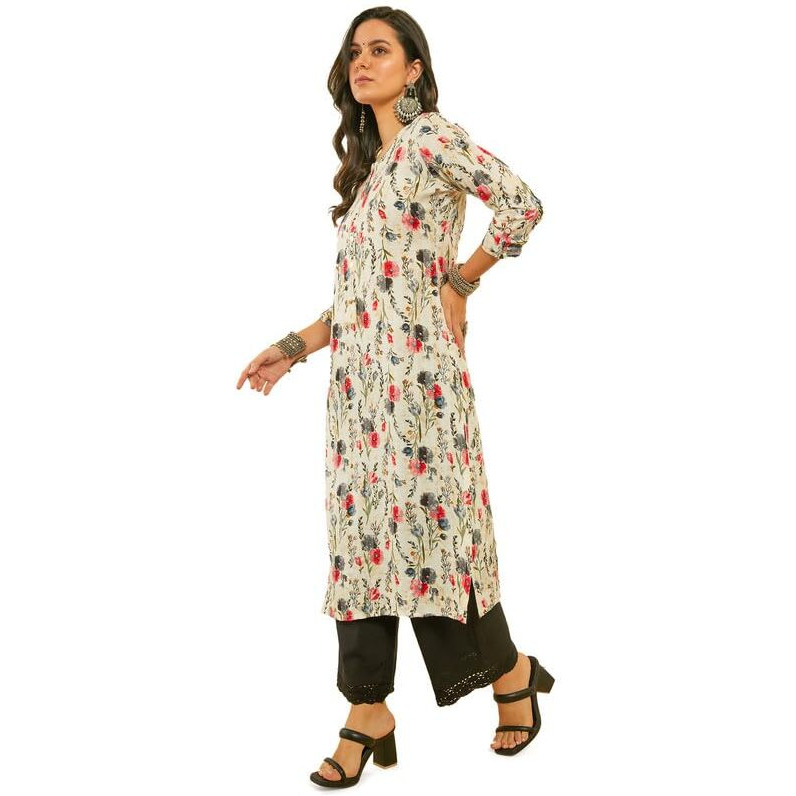 Soch Womens Grey Floral Print Rayon Straight Kurta With Kantha Weave