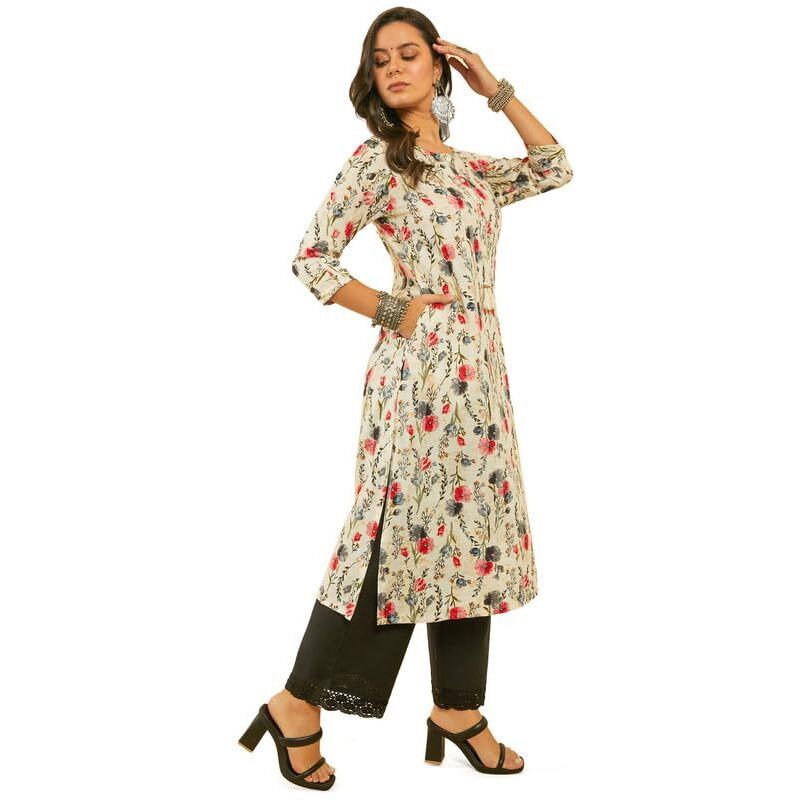 Soch Womens Grey Floral Print Rayon Straight Kurta With Kantha Weave