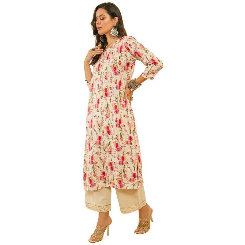 Soch Womens Fuchsia Straight Floral Print Rayon Kurta With Kantha Weave
