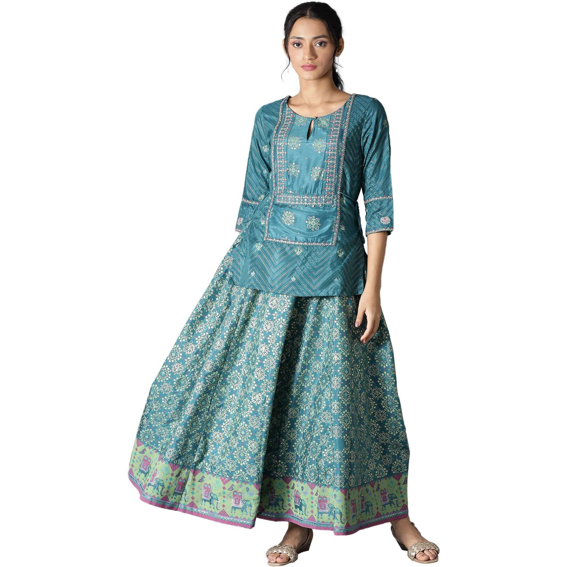 W For Woman Women's Polyester Ankle Length Green Printed Attached 'Top And Skirt' Dress (22Few17901-118994_Forest S)