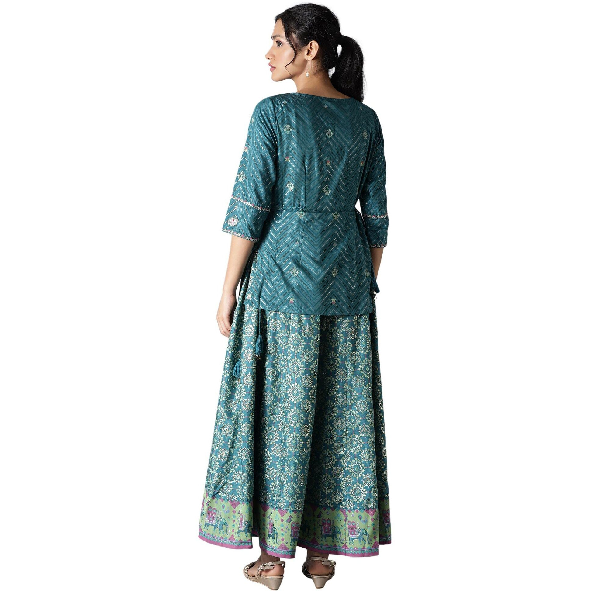 W For Woman Women's Polyester Ankle Length Green Printed Attached 'Top And Skirt' Dress (22Few17901-118994_Forest S)
