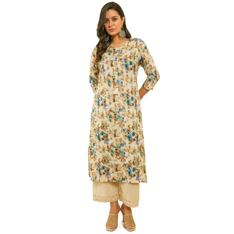 Soch Womens Blue Floral Print Rayon Kurta With Kantha Weave