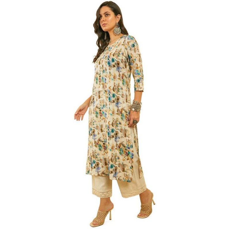 Soch Womens Blue Floral Print Rayon Kurta With Kantha Weave