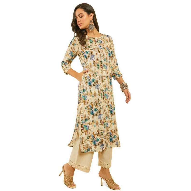 Soch Womens Blue Floral Print Rayon Kurta With Kantha Weave
