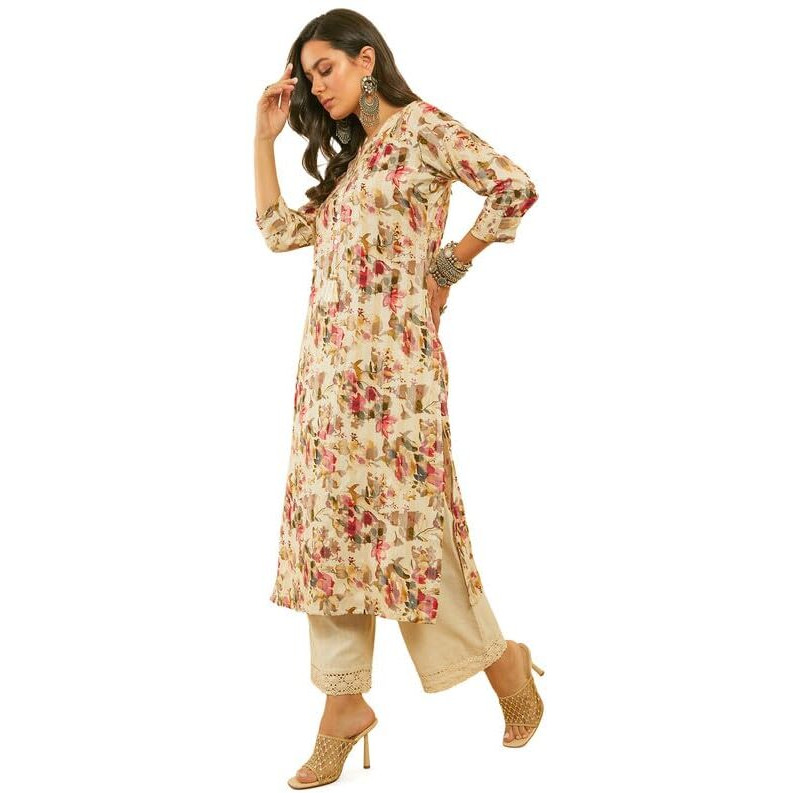 Soch Womens Pink Rayon Floral Print Kantha Weave Kurta With Tassels