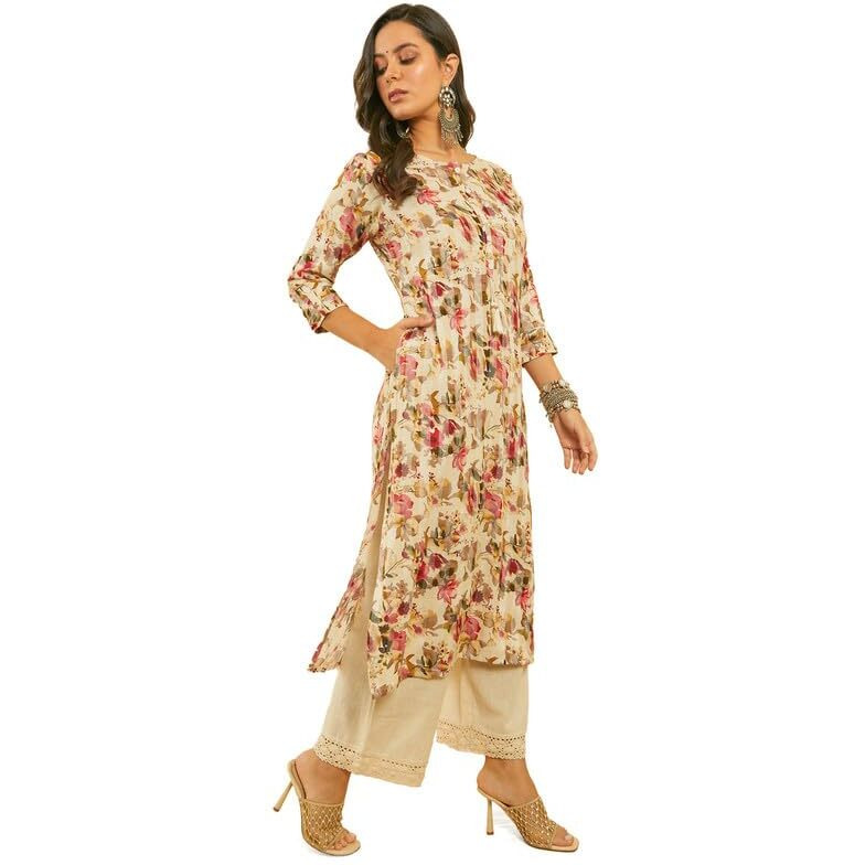 Soch Womens Pink Rayon Floral Print Kantha Weave Kurta With Tassels