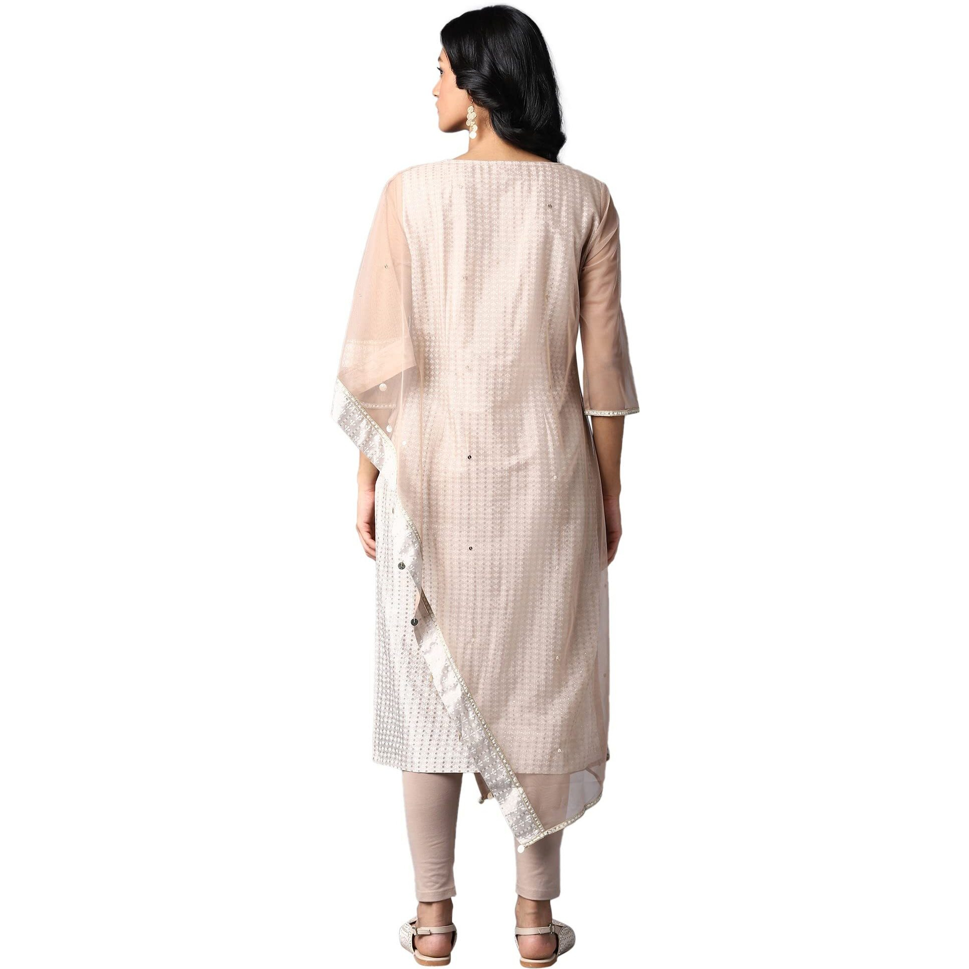 W Light Grey Geometric Printed Glitter Women's Kurta Leggings Set