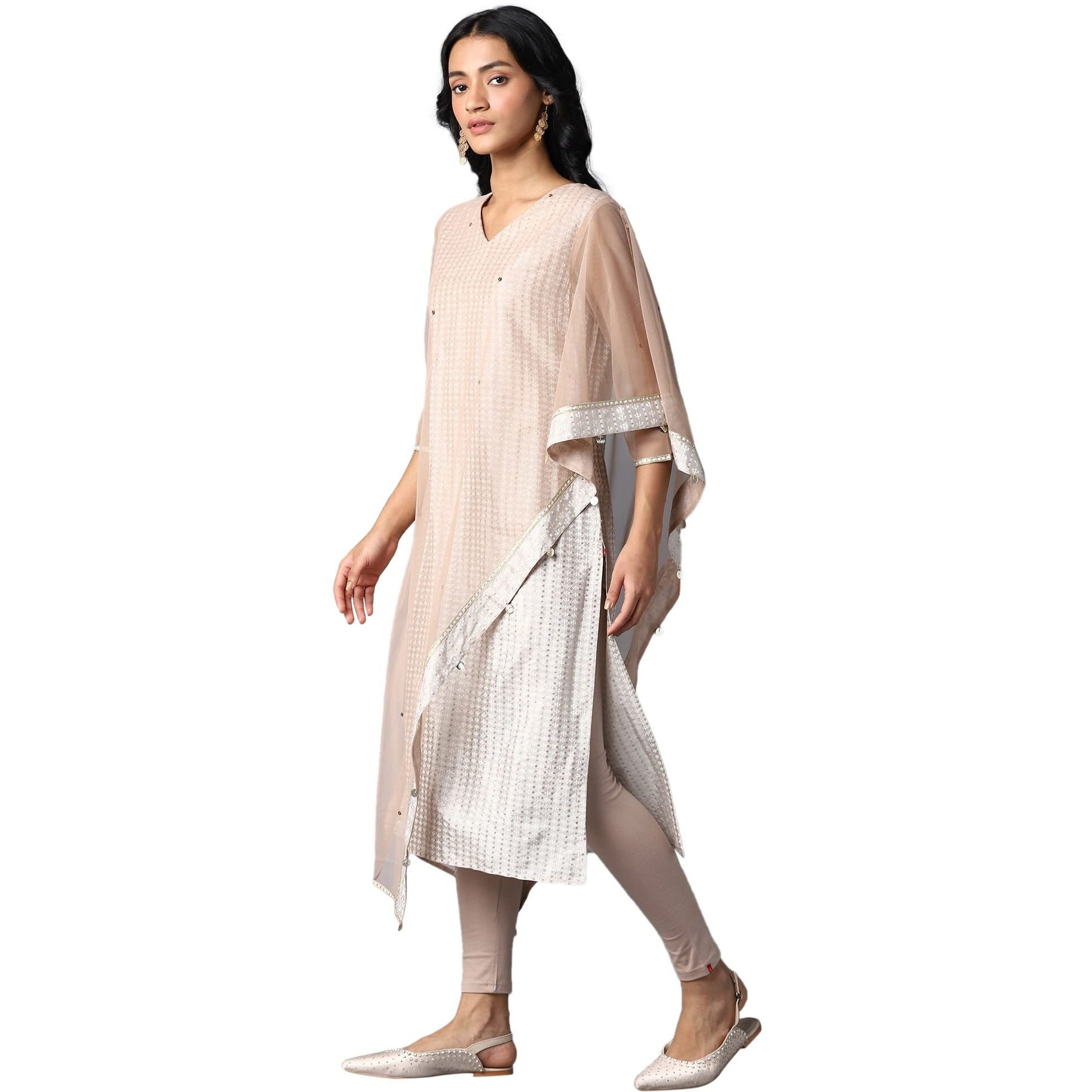 W Light Grey Geometric Printed Glitter Women's Kurta Leggings Set