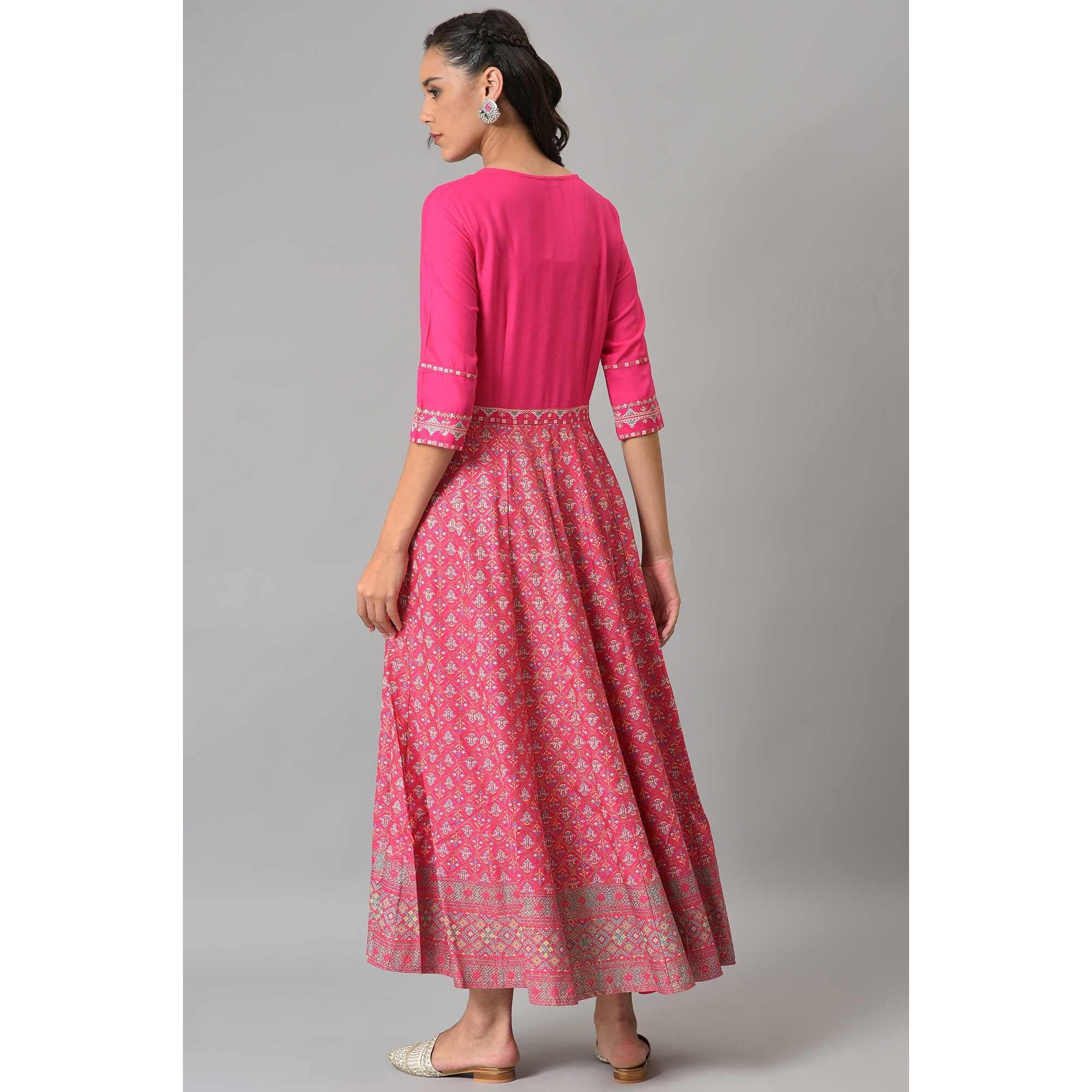 W For Woman Women's Viscose Bright Rose Pink Glitter Printed Dress With Embroidery Ankle Length 22Few17903-118346