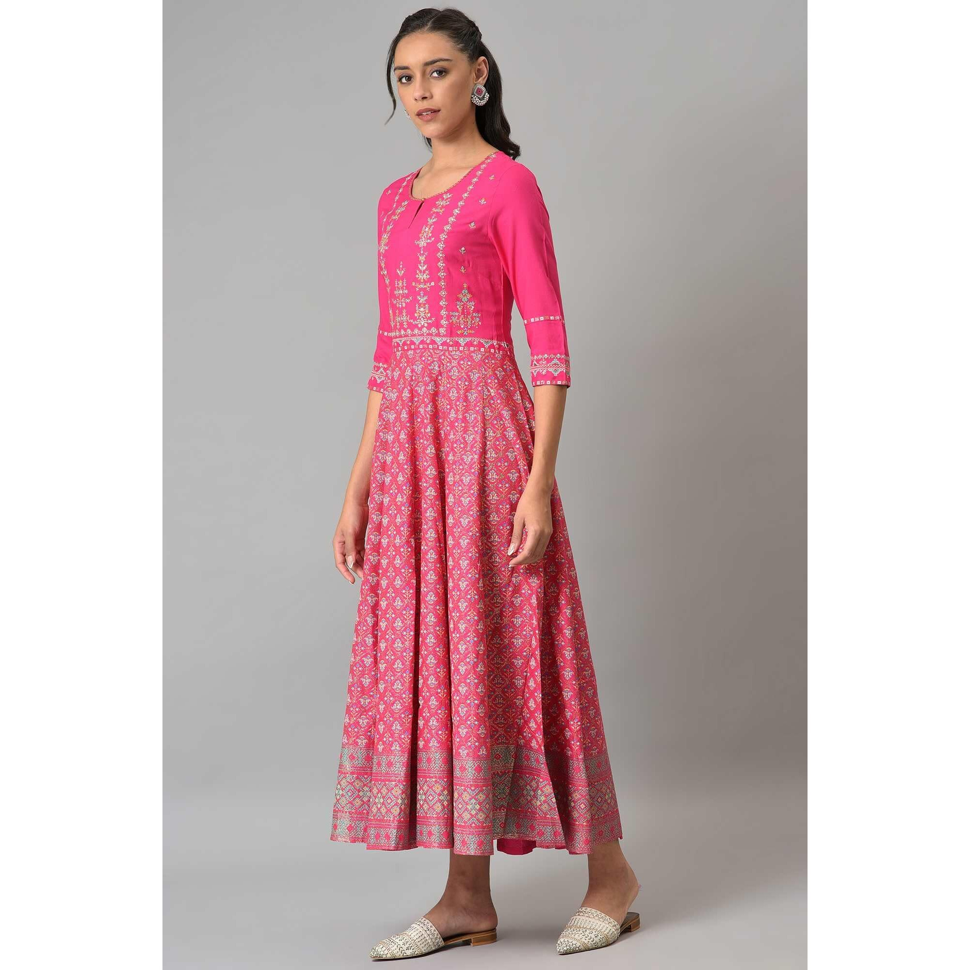 W For Woman Women's Viscose Bright Rose Pink Glitter Printed Dress With Embroidery Ankle Length 22Few17903-118346