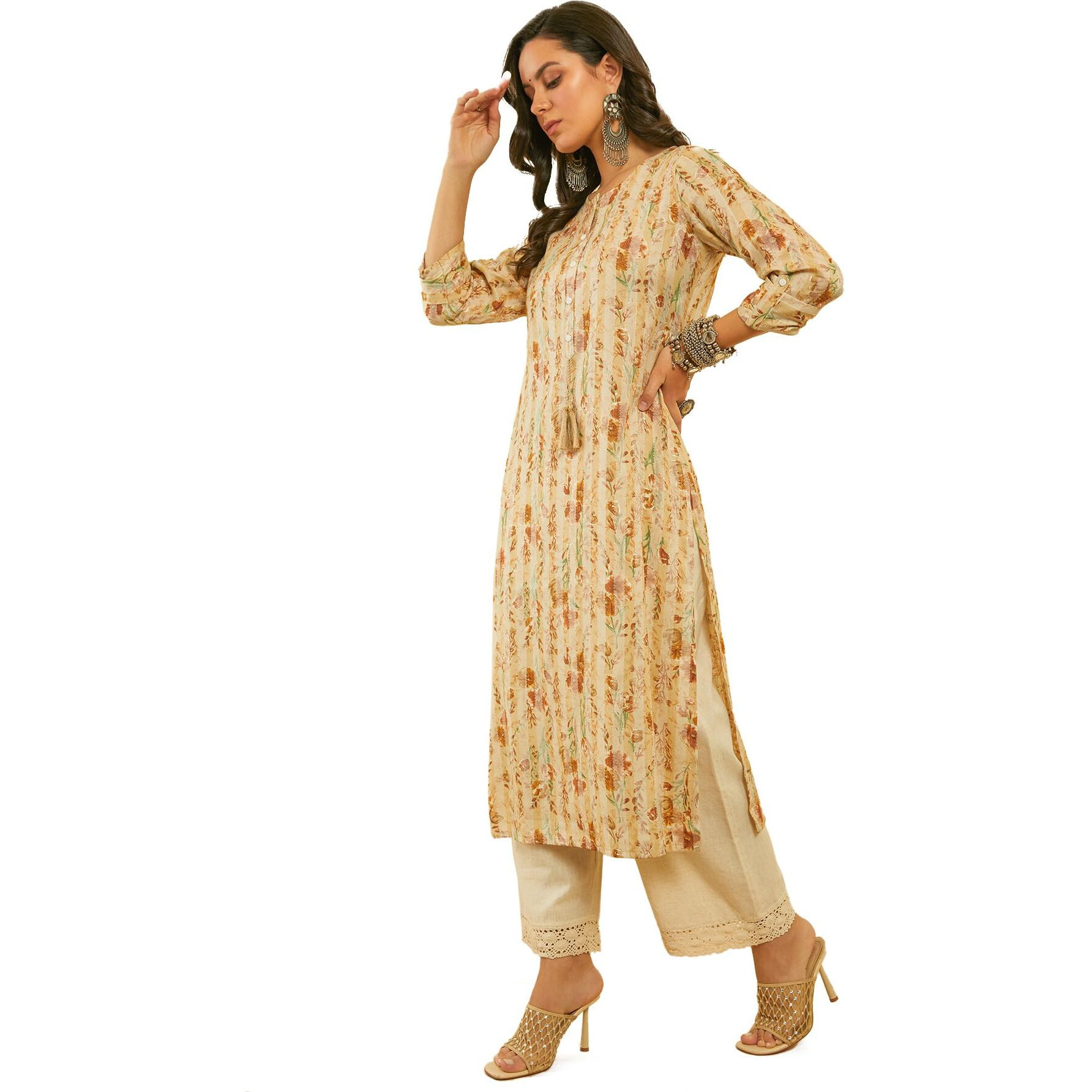 Soch Women's Rayon Floral Regular Fit Kurta (Cws4Ku60461D_Beige_Xs)