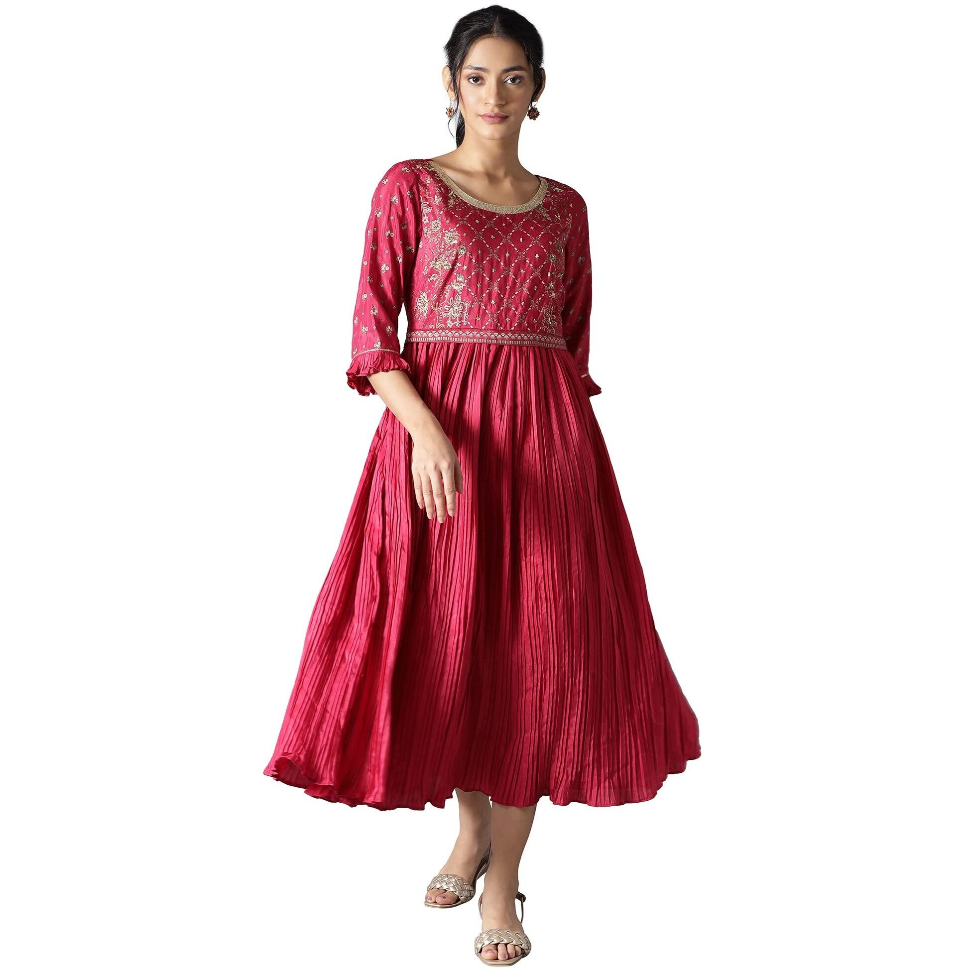 Aurelia Women's Polyester Fit And Flare Knee-Length Casual Dress (22Fea13377-505394_Pink