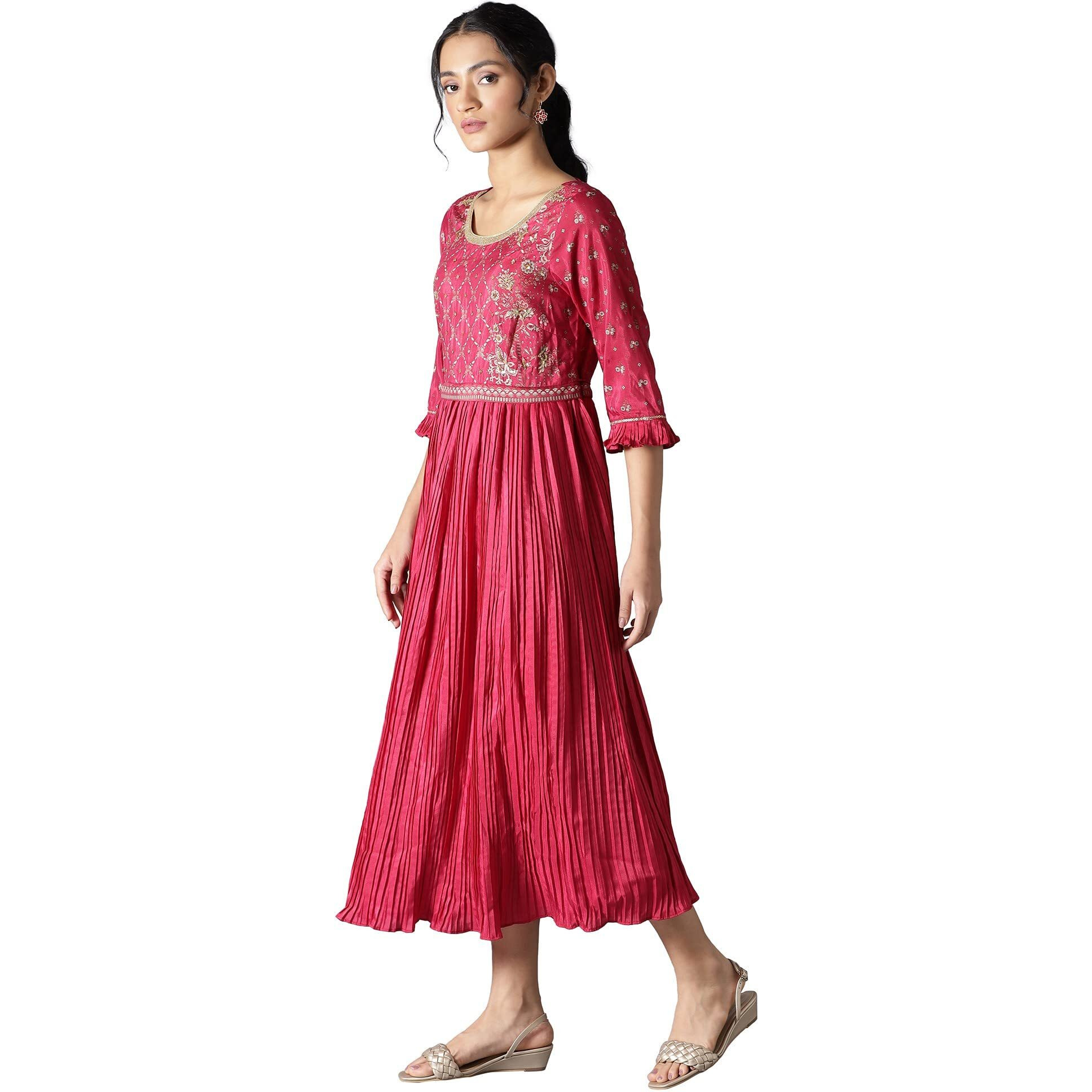 Aurelia Women's Polyester Fit And Flare Knee-Length Casual Dress (22Fea13377-505394_Pink