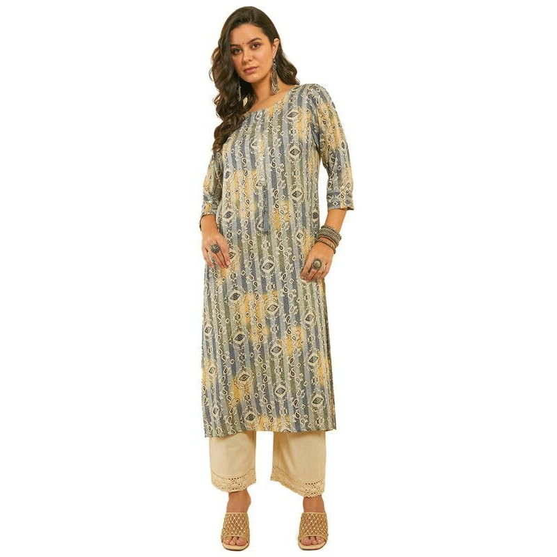 Soch Womens Blue Ethnic Print Kantha Weave Straight Rayon Kurta